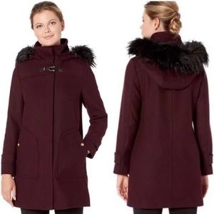 Cole Haan Wool Blend Coat with Hood- Wine Red/Burgundy- XS